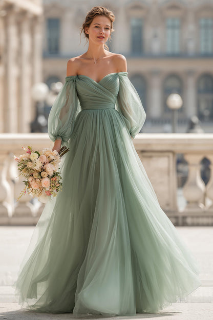 Eucalyptus Long Off the Shoulder A Line Bridesmaid Dress with Sleeves