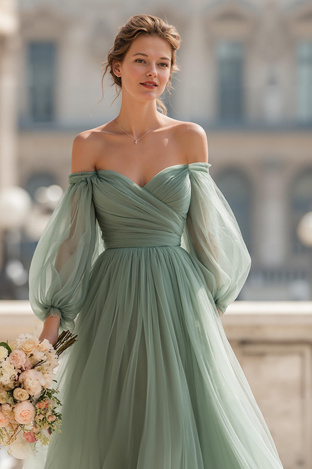 Eucalyptus Long Off the Shoulder A Line Bridesmaid Dress with Sleeves