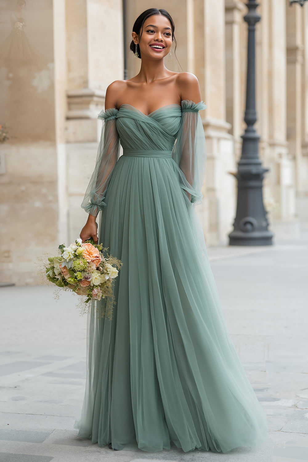 Eucalyptus Off the Shoulder Long A Line Bridesmaid Dress with Sleeves