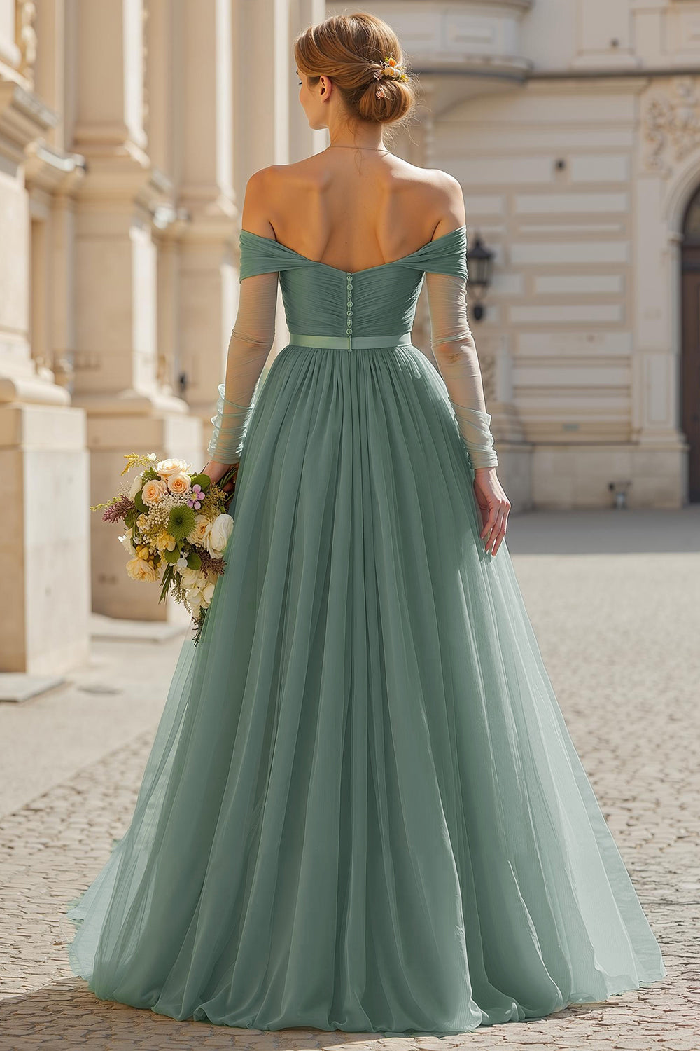 Eucalyptus A Line Long Off the Shoulder Bridesmaid Dress with Sleeves