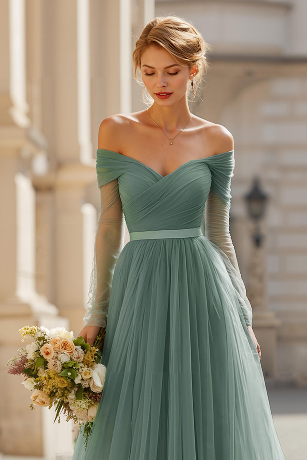 Eucalyptus A Line Long Off the Shoulder Bridesmaid Dress with Sleeves