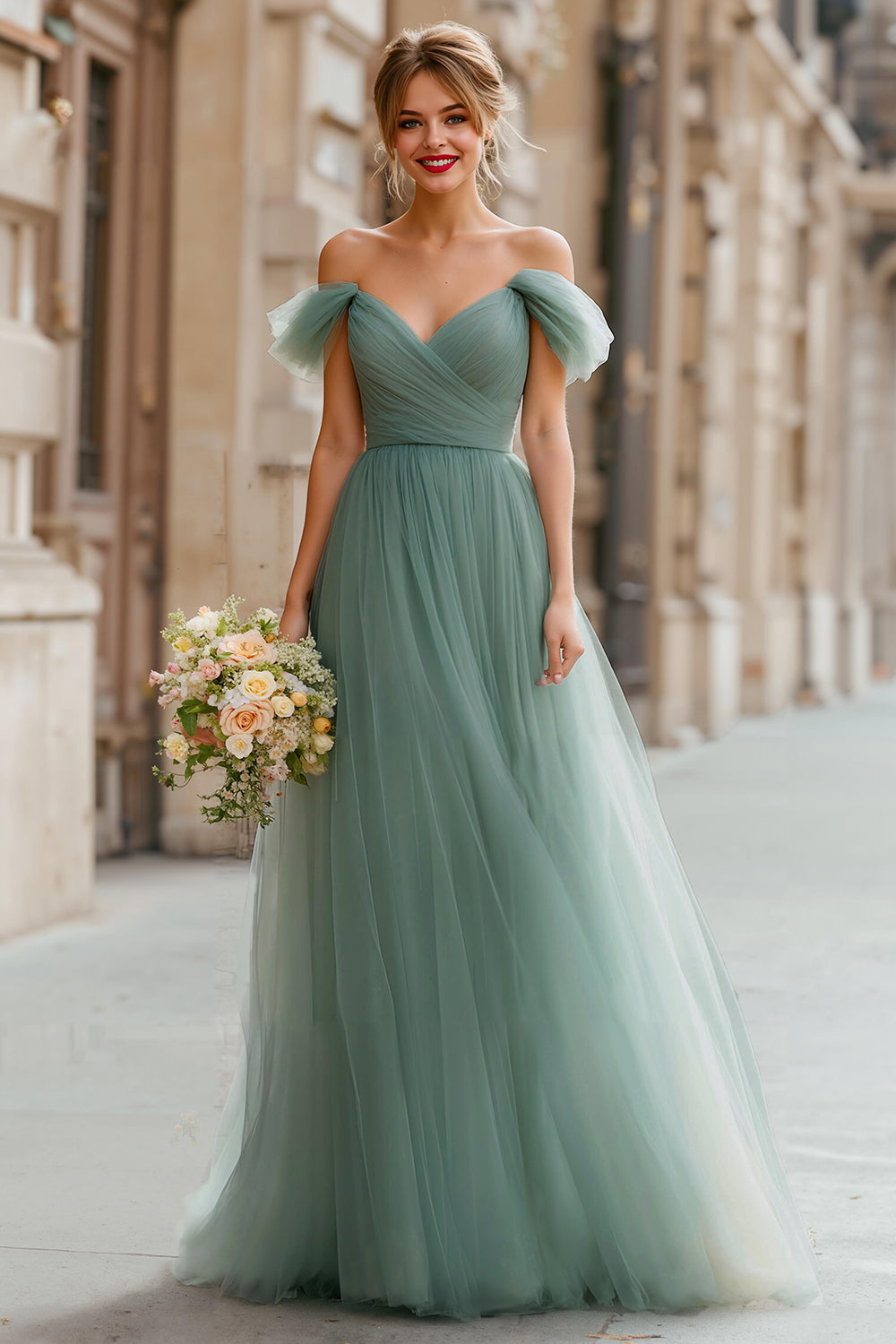 Eucalyptus Maxi A Line Off the Shoulder Bridesmaid Dress