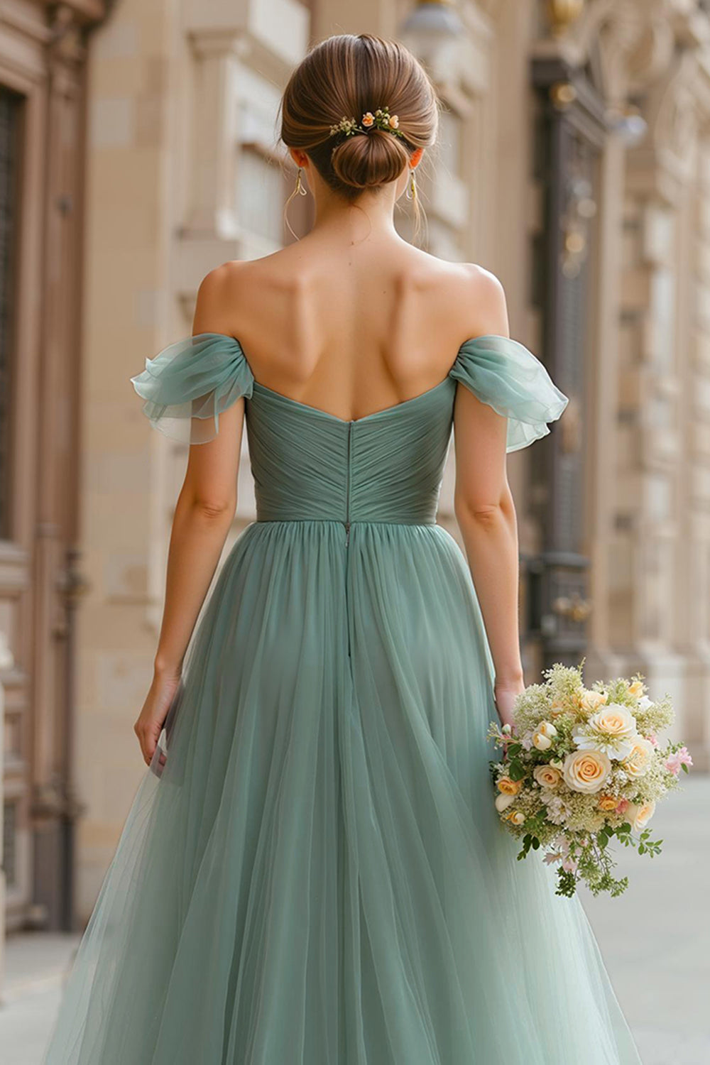Eucalyptus Maxi A Line Off the Shoulder Bridesmaid Dress