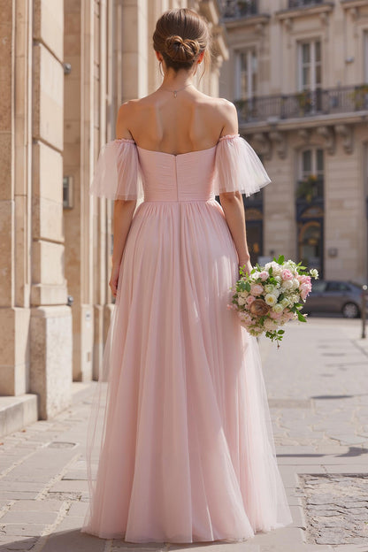 Blush Pink Long Off the Shoulder A Line Bridesmaid Dress