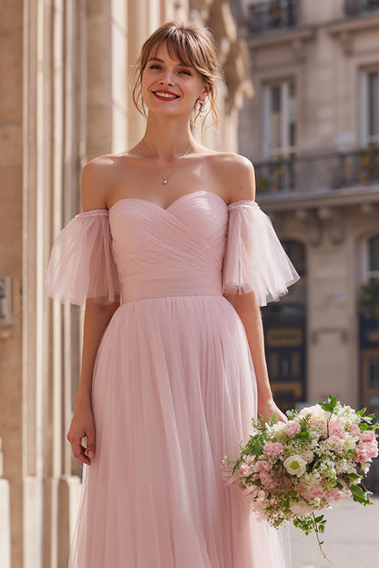 Blush Pink Long Off the Shoulder A Line Bridesmaid Dress