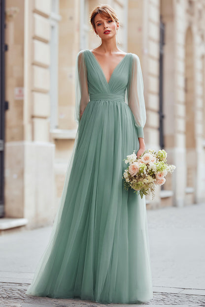Eucalyptus A Line V-Neck Maxi Bridesmaid Dress with Long Sleeves