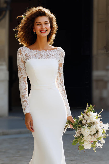 White Chiffon Mermaid Long Sleeves Sweep Train Wedding Dress with Lace