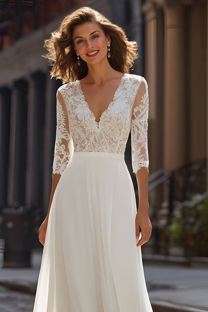 Ivory A Line V-Neck Sweep Train Wedding Dress with Lace