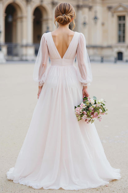 Ivory V-Neck A Line Long Sleeve Wedding Dress