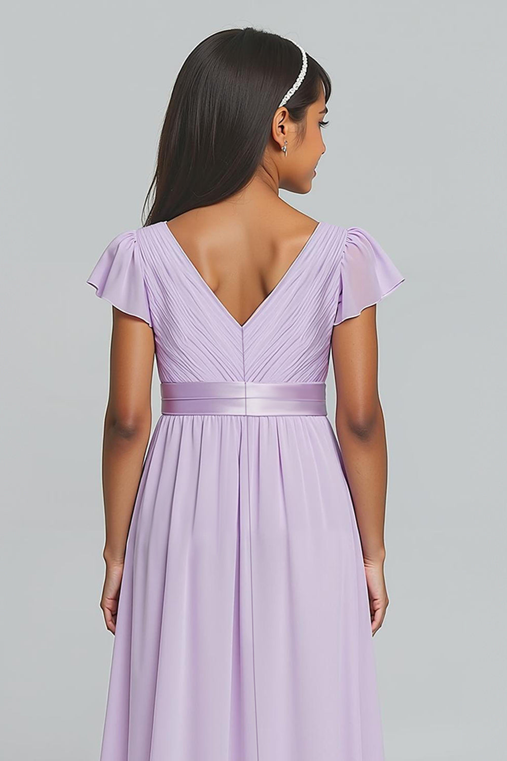 Lilac Chiffon V-Neck A-Line Ruched Long Junior Bridesmaid Dress with Sleeves