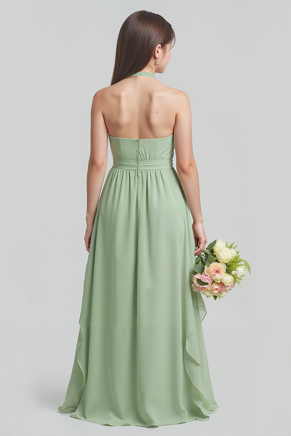 Sage Green Chiffon Halter A-Line Long Junior Bridesmaid Dress