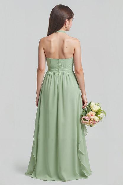 Sage Green Chiffon Halter A-Line Long Junior Bridesmaid Dress