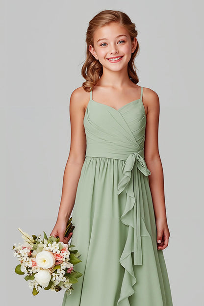 Sage Green Spaghetti Straps A-Line Chiffon Long Junior Bridesmaid Dress