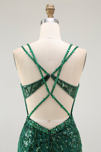 Sparkly Dark Green Bodycon Backless Short Corset Homecoming Dress with Sequins