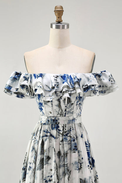 Blue Floral Ruffled Off The Shoulder A Line Bridesmaid Dress