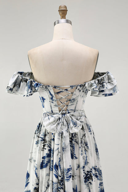 Blue Floral Ruffled Off The Shoulder A Line Bridesmaid Dress