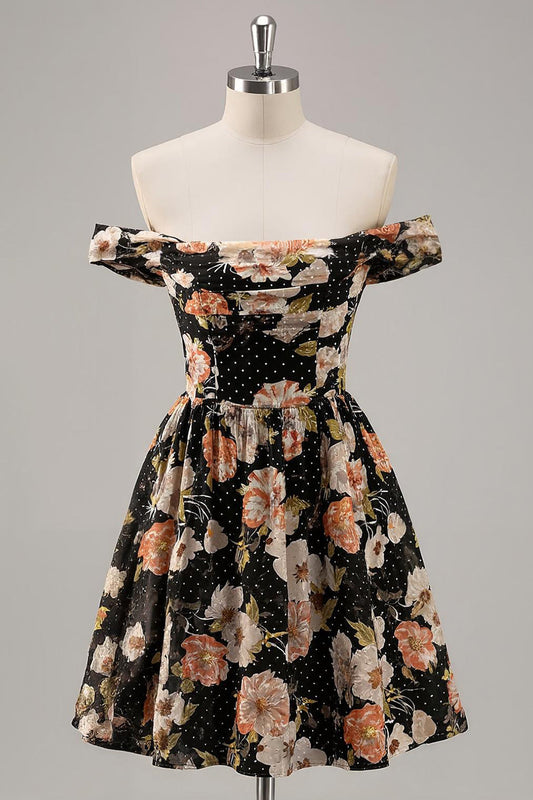 Black Floral A Line Off The Shoulder Mini Homecoming Dress with Beading
