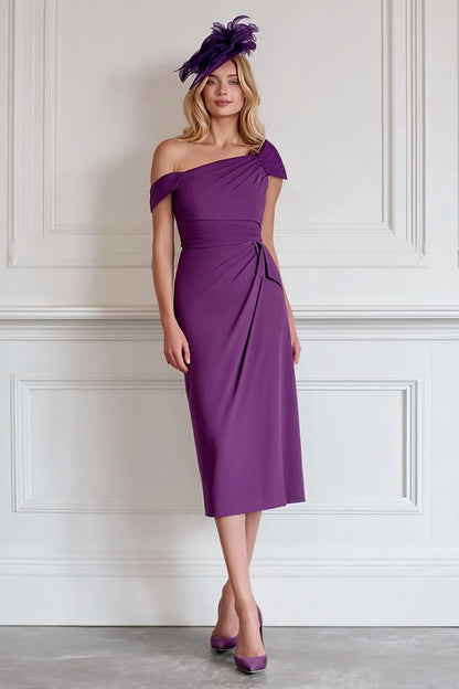Off the Shoulder Burgundy Sheath Chiffon Midi Mother of the Bride Dress