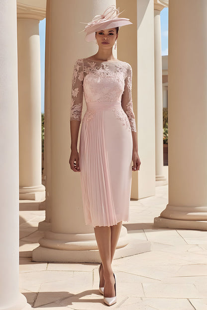 Blush Pink Chiffon Illusion Boat Neck Pleated Midi Mother of the Bride Dress with Lace