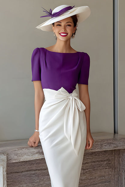 Grape Pencil Chiffon Boat Neck Midi Mother of the Bride Dress with Bow