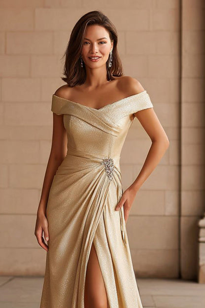 Champagne Metallic Off the Shoulder Long Mother of the Bride Dress with Slit