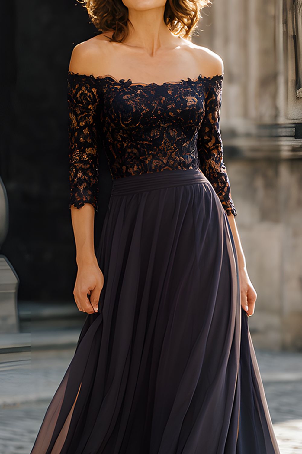 Black Off the Shoulder Chiffon Long Mother of the Bride Dress with Lace