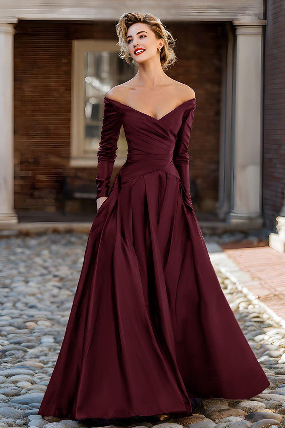 Plum Off the Shoulder Taffeta A Line Long Sleeve Mother of the Bride Dress