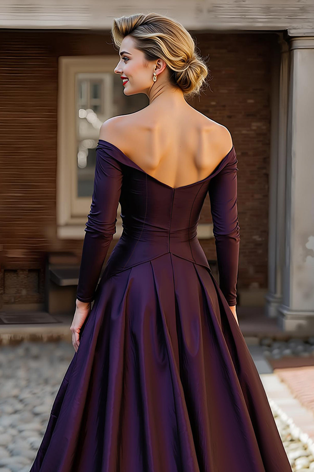Plum Off the Shoulder Taffeta A Line Long Sleeve Mother of the Bride Dress
