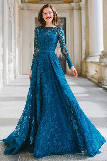 Ink Blue Appliques Round Neck A Line Long Mother of the Bride Dress