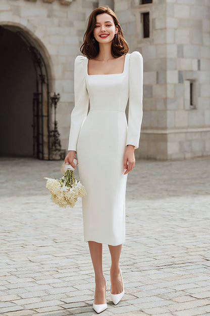 Ivory Square Neckline Bodycon Midi Engagement Dress