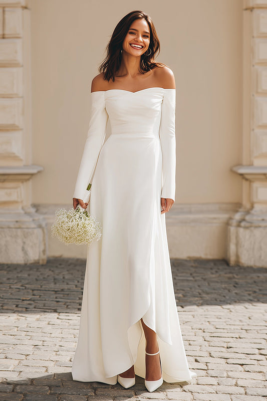 Ivory Satin Sheath Off The Shoulder Asymmetrical Wedding Dress with Sleeves