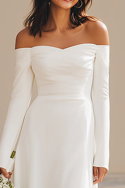 Ivory Satin Sheath Off The Shoulder Asymmetrical Wedding Dress with Sleeves