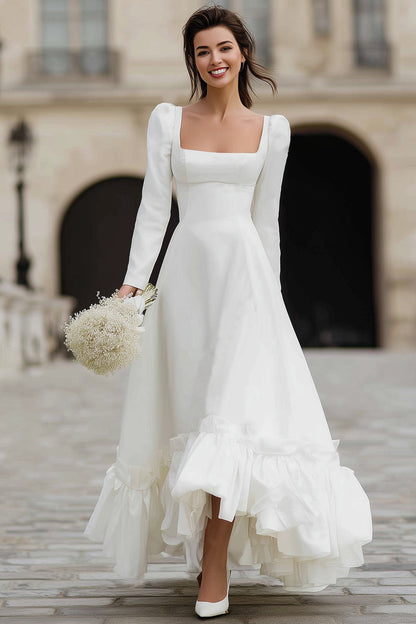Ivory A Line Satin Square Neck Long Sleeves Wedding Dress with Ruffles