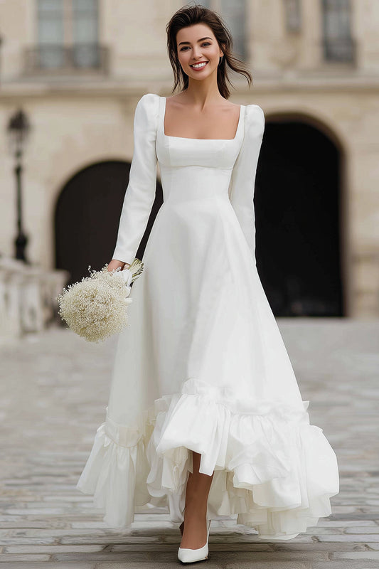 Ivory A Line Satin Square Neck Long Sleeves Wedding Dress with Ruffles