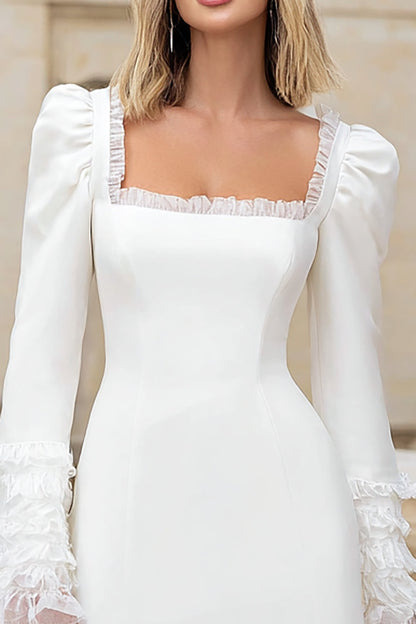 Ivory Crepe Square Neck Sleeves Short Wedding Dress with Ruffles