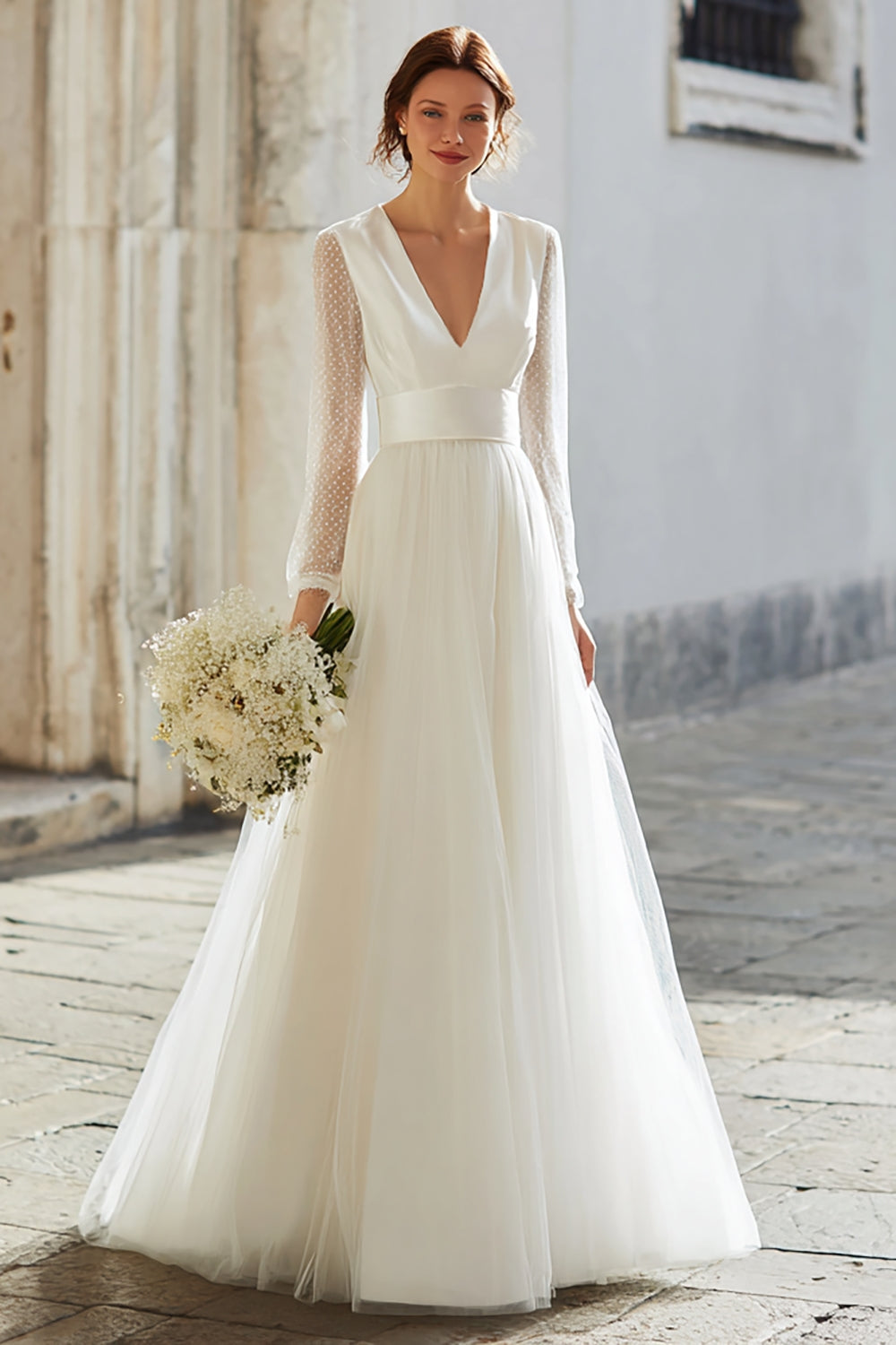 Elegant Ivory V-Neck A Line Maxi Wedding Dress with Sleeves