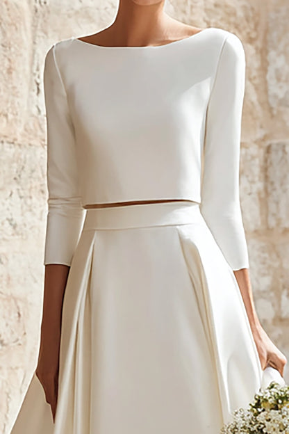 Ivory Boat Neck Satin 2 Piece Sweep Train A Line Wedding Dress