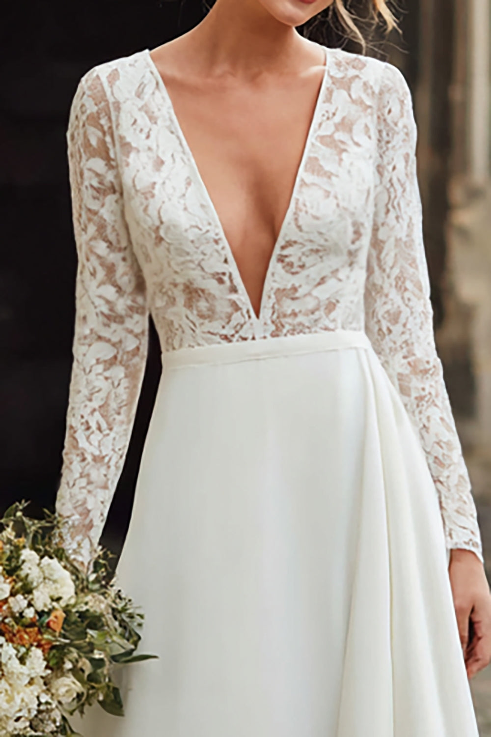 Ivory Beach Deep V-Neck A Line Wedding Dress with Lace