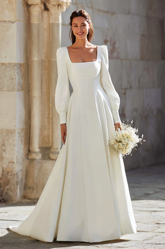 Simple Ivory Square Neck Sweep Train A Line Wedding Dress with Sleeves