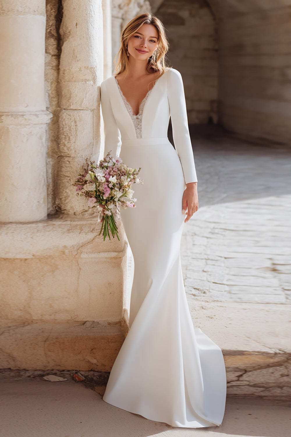 Ivory Mermaid V-Neck Maxi Wedding Dress with Sleeves
