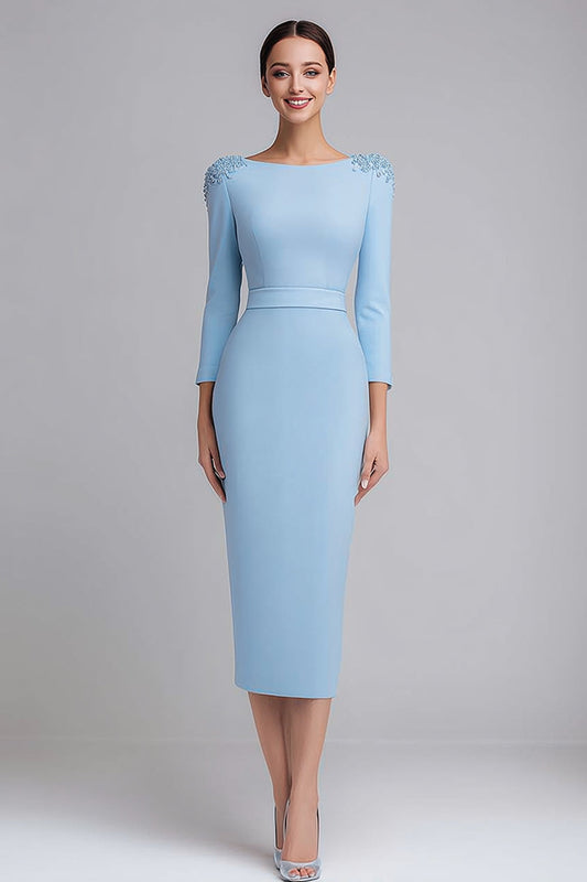 Sheath Light Blue Satin Midi Work Dress