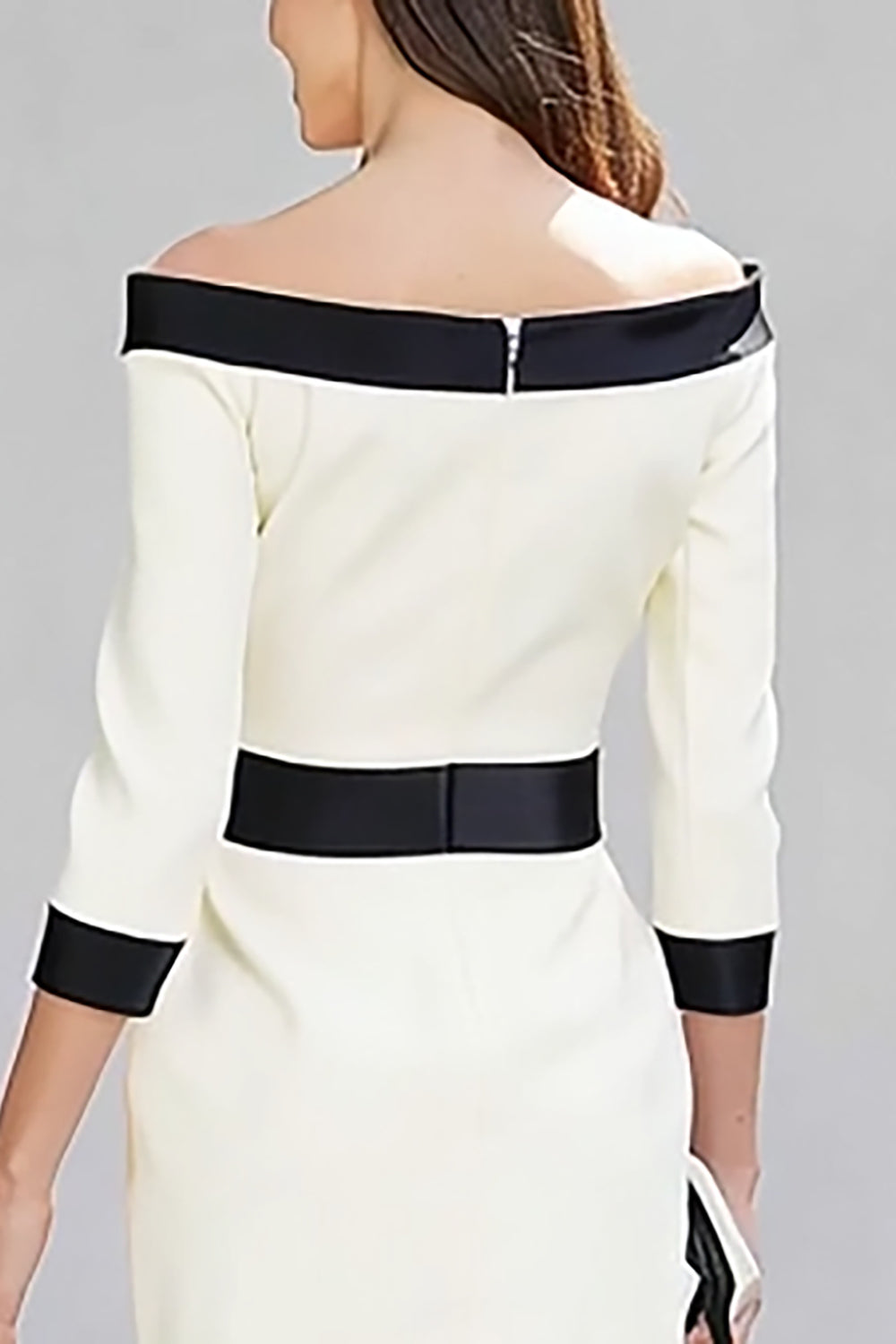 Black White Off the Shoulder Sheath Midi Work Dress