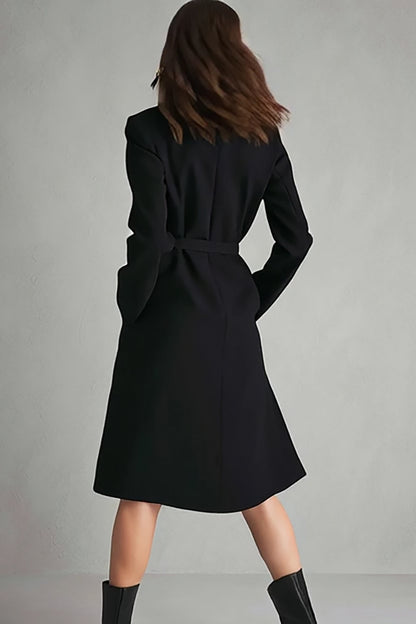 Black Satin Notched Lapel Buttons Long Sleeves Midi Work Dress with Belt