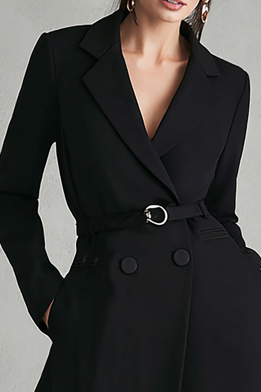Black Satin Notched Lapel Buttons Long Sleeves Midi Work Dress with Belt