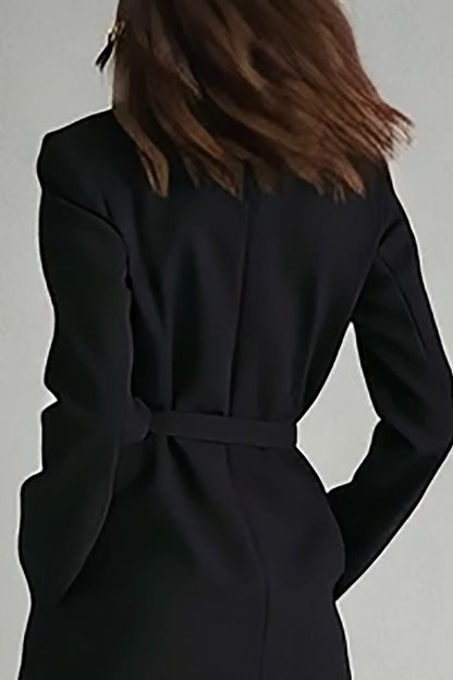 Black Satin Notched Lapel Buttons Long Sleeves Midi Work Dress with Belt