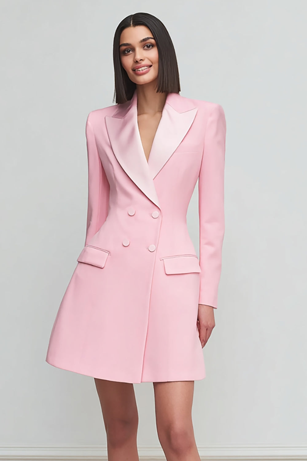 Pink Peak Lapel A Line Satin Double Breasted Short Work Dress with Sleeves