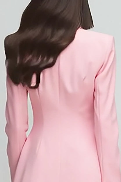 Pink Peak Lapel A Line Satin Double Breasted Short Work Dress with Sleeves