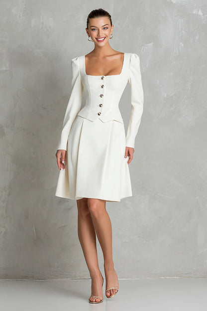 Ivory 2 Piece Square Neck Crepe Single Breasted Midi Work Dress with Sleeves