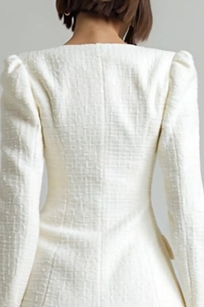2 Piece Ivory Tweed Single Breasted A Line Work Dress with Sleeves