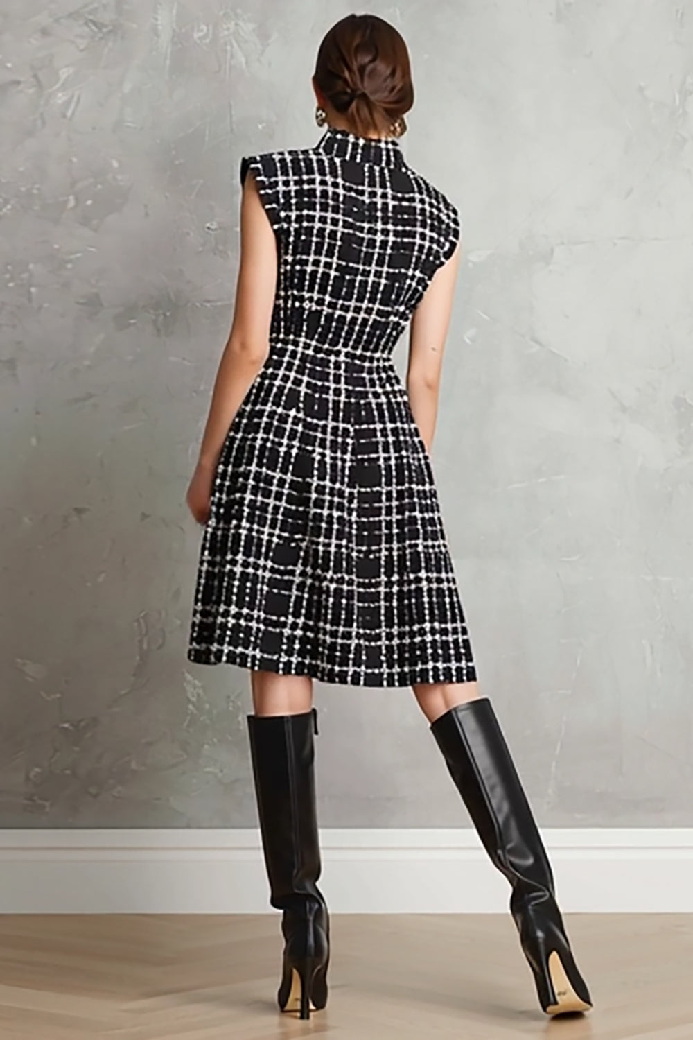 Black Tweed Plaid Single Breasted A Line Midi Work Dress